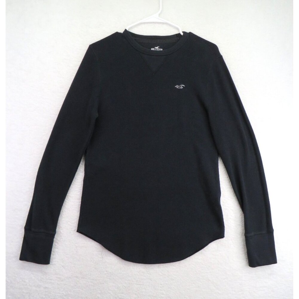 Hollister Shirt Mens Medium Black Waffle Knit Thermal‎ Long Sleeve Crewneck Logo